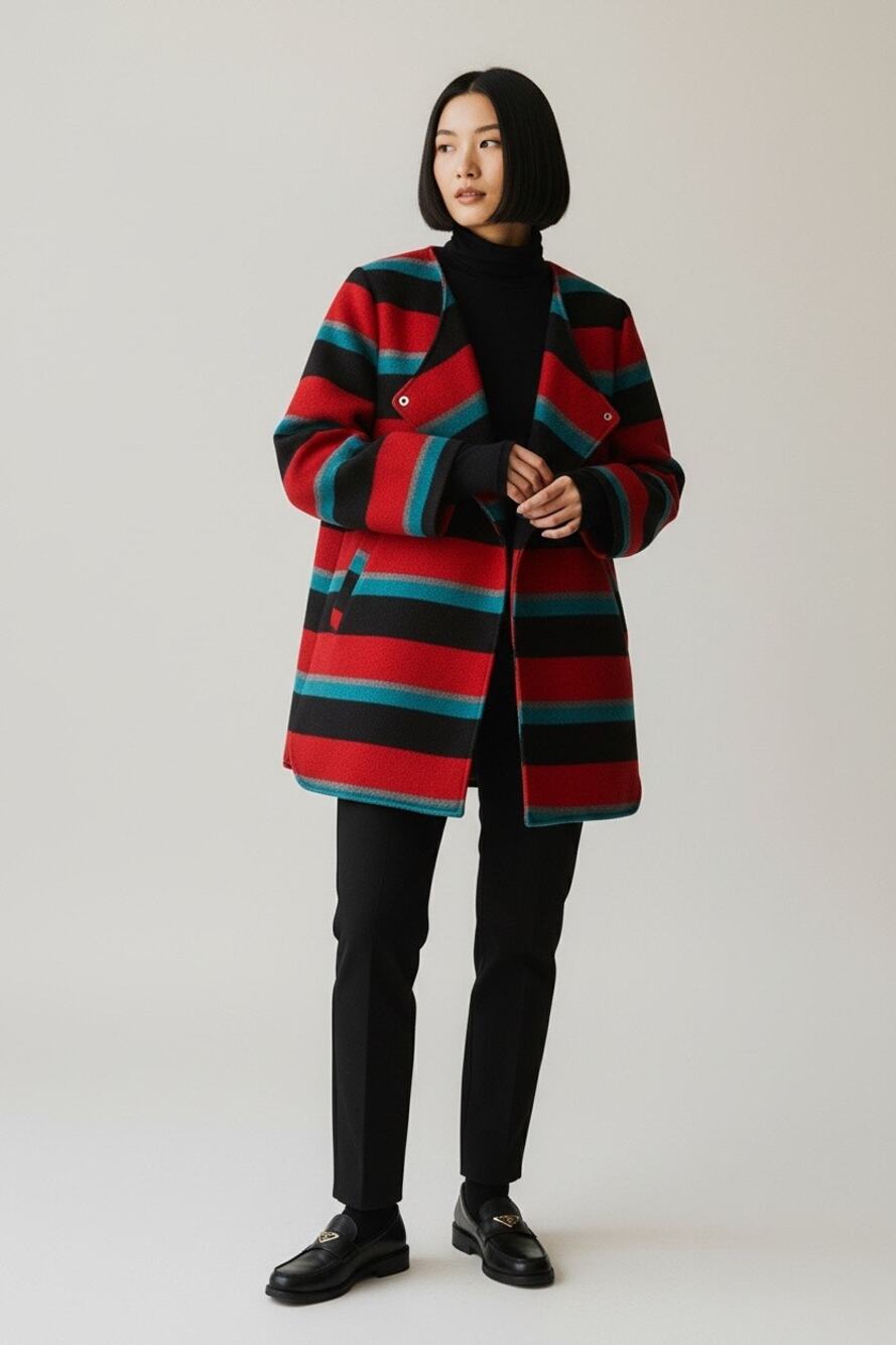 Anthropologie TULLE Coat Women's M Wool blend Striped Snap Button Red Teal Black